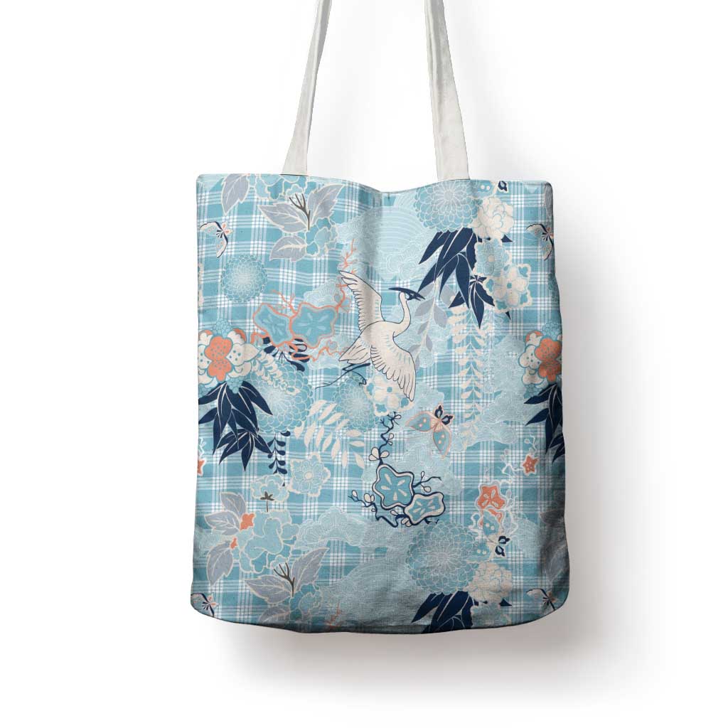 Blue Palaka Crane and Flowers Tote Bag Japan Heritage Spirit LT9 - Polynesian Pride