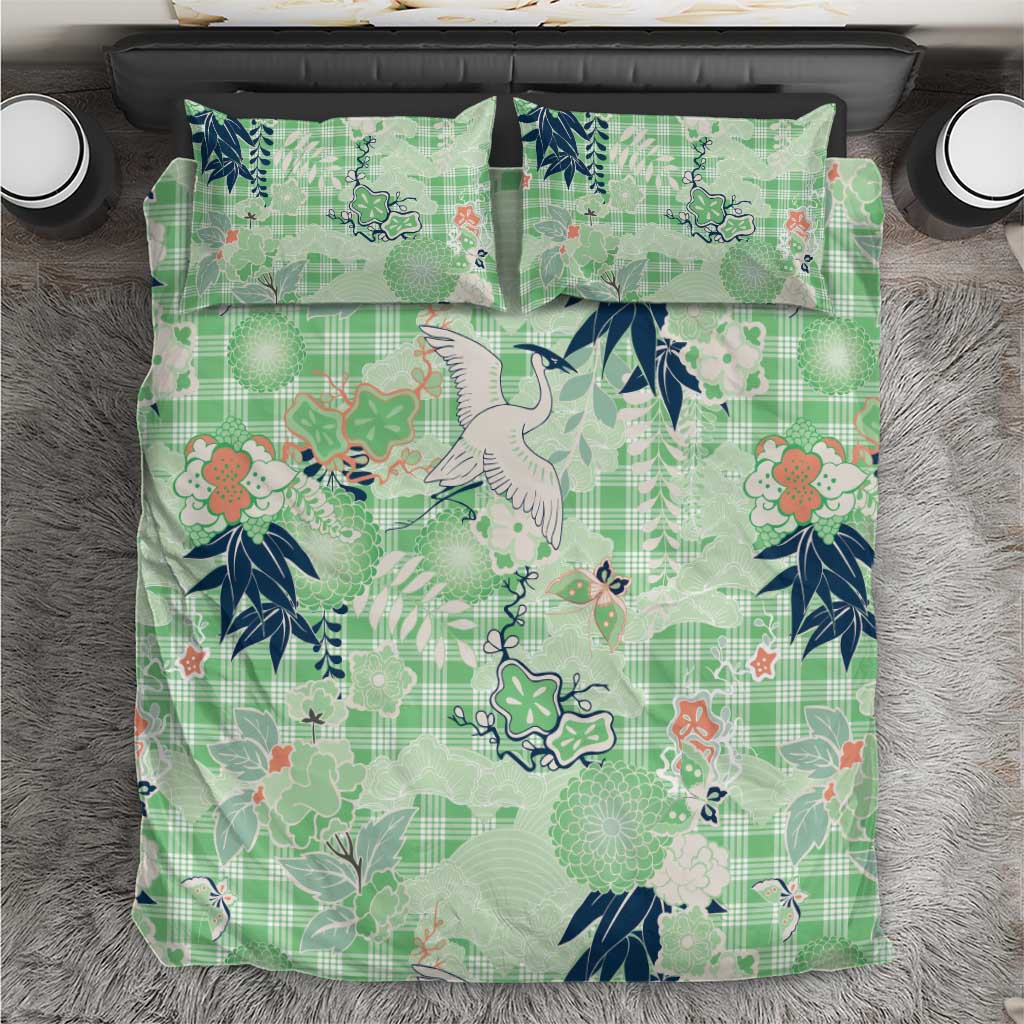 Green Palaka Crane and Flowers Bedding Set Japan Heritage Spirit LT9 Green - Polynesian Pride