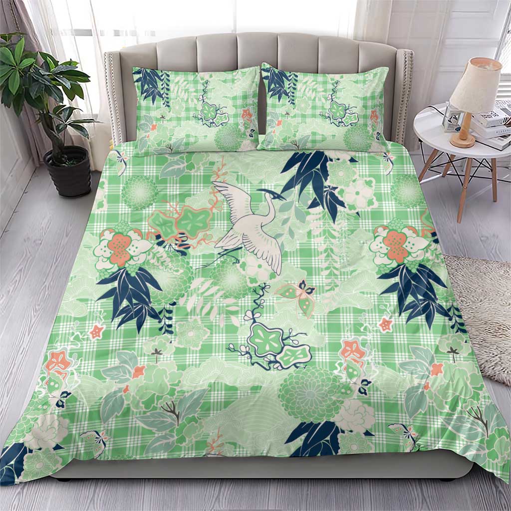 Green Palaka Crane and Flowers Bedding Set Japan Heritage Spirit LT9 - Polynesian Pride