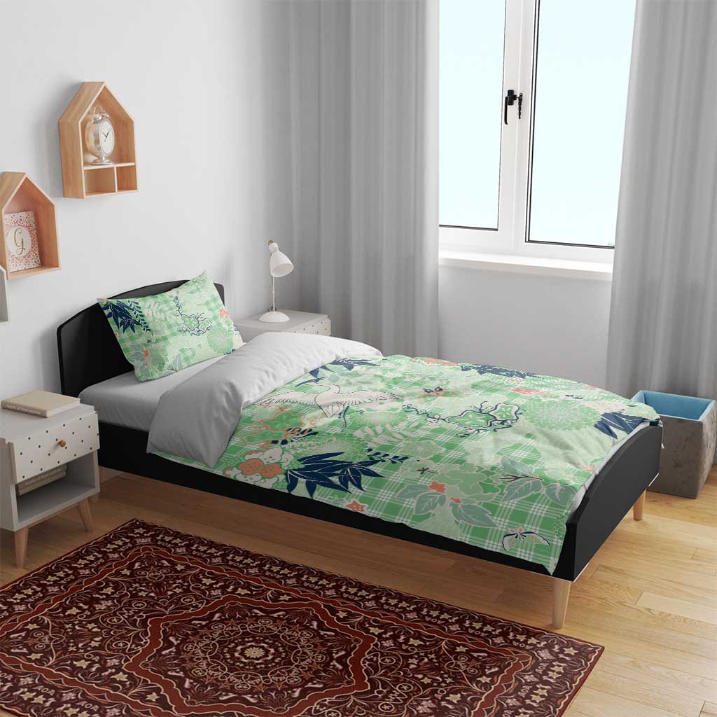 Green Palaka Crane and Flowers Bedding Set Japan Heritage Spirit LT9 - Polynesian Pride