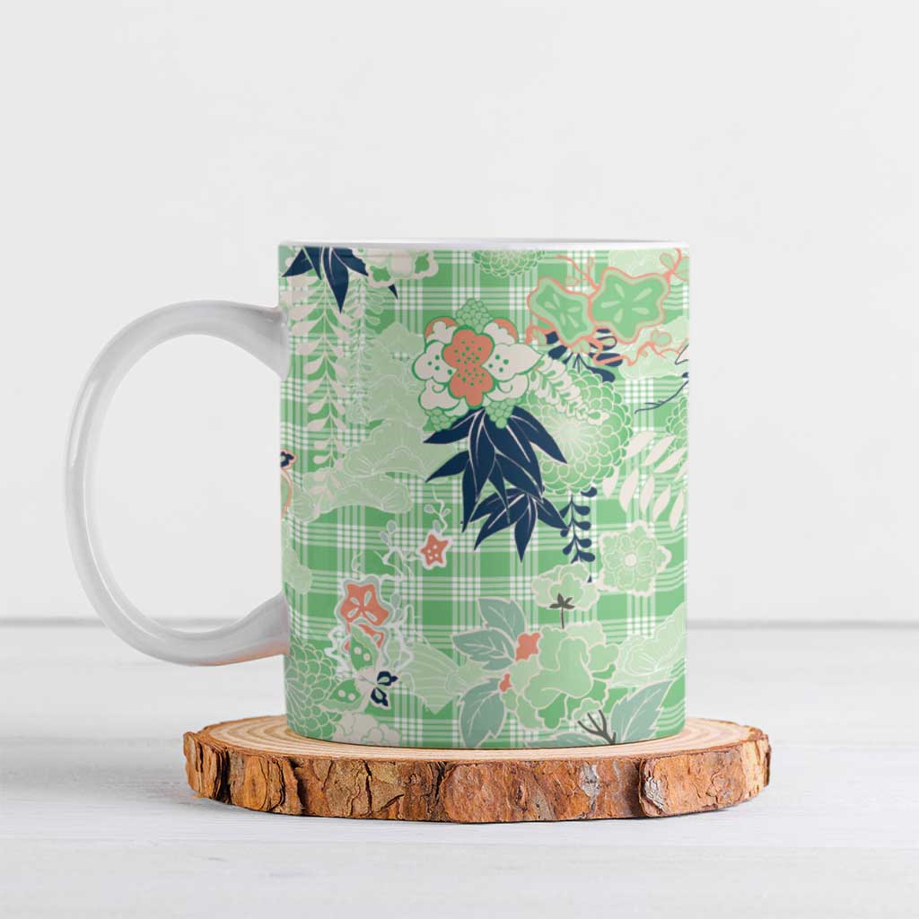 Green Palaka Crane and Flowers Ceramic Mug Japan Heritage Spirit LT9 Green - Polynesian Pride