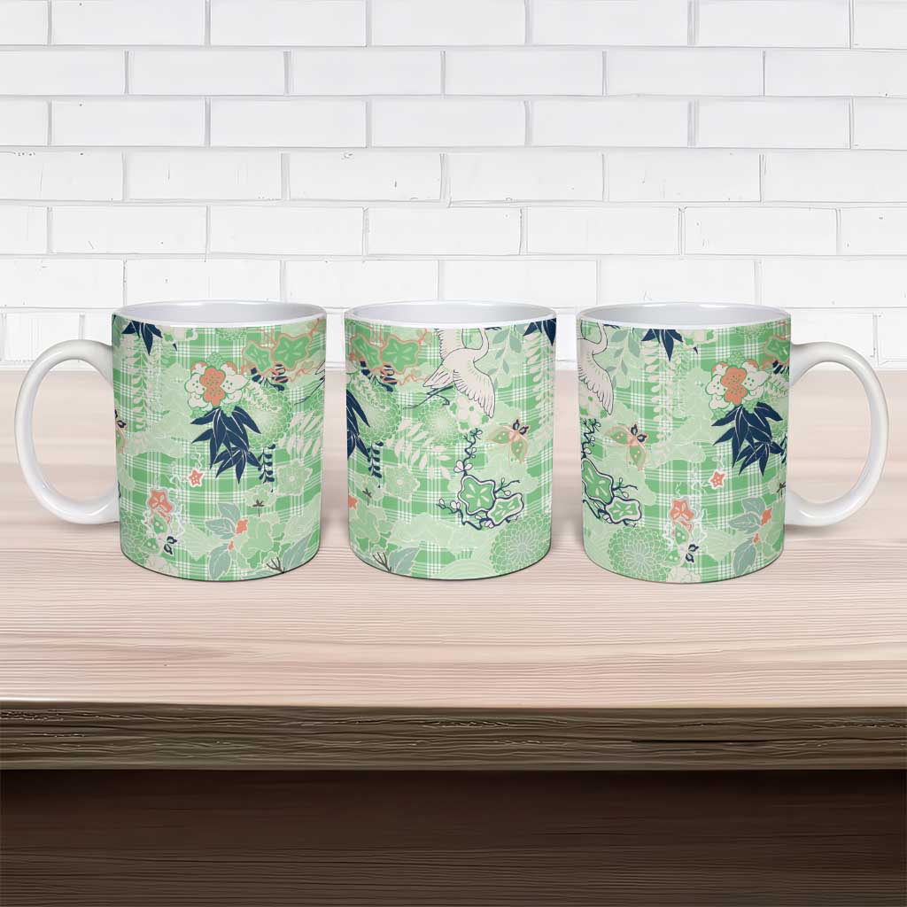 Green Palaka Crane and Flowers Ceramic Mug Japan Heritage Spirit LT9 - Polynesian Pride
