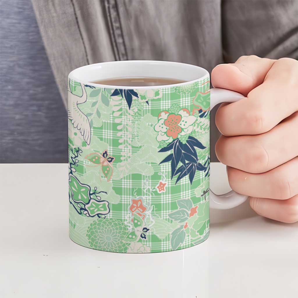 Green Palaka Crane and Flowers Ceramic Mug Japan Heritage Spirit LT9 - Polynesian Pride