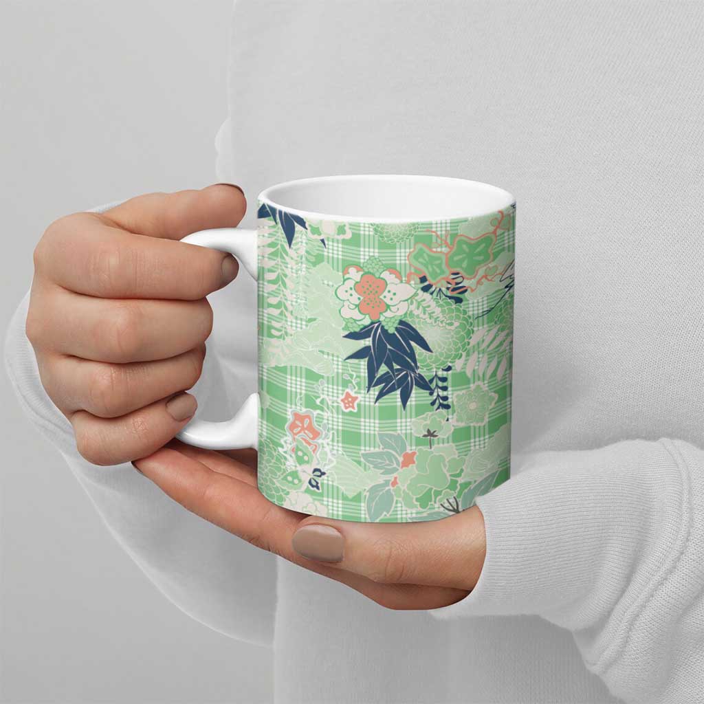 Green Palaka Crane and Flowers Ceramic Mug Japan Heritage Spirit LT9 - Polynesian Pride