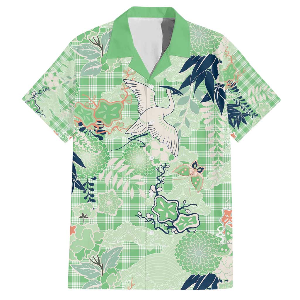 Green Palaka Crane and Flowers Hawaiian Shirt Japan Heritage Spirit LT9 Green - Polynesian Pride