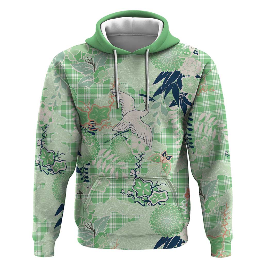 Green Palaka Crane and Flowers Hoodie Japan Heritage Spirit LT9 Pullover Hoodie Green - Polynesian Pride