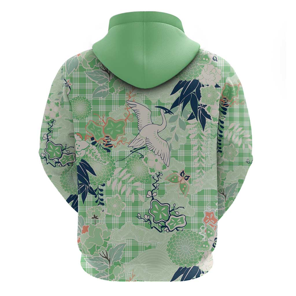 Green Palaka Crane and Flowers Hoodie Japan Heritage Spirit LT9 - Polynesian Pride