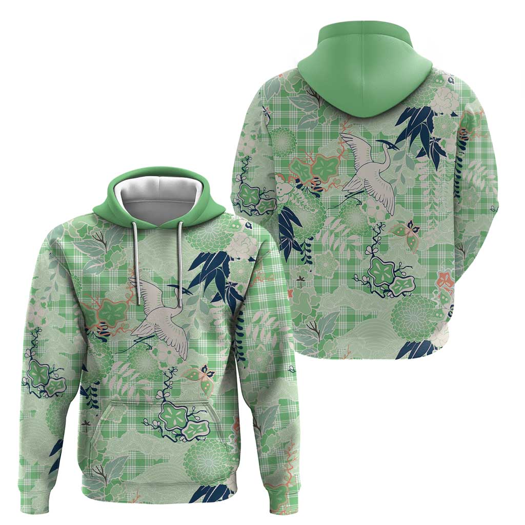Green Palaka Crane and Flowers Hoodie Japan Heritage Spirit LT9 - Polynesian Pride