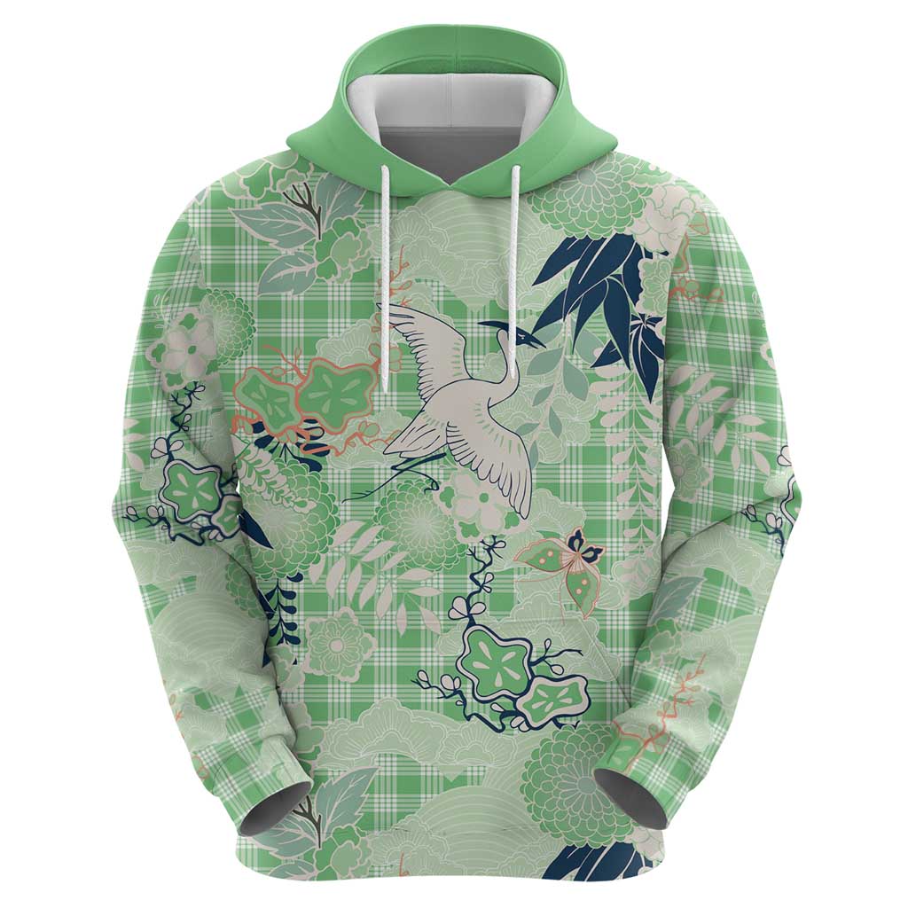 Green Palaka Crane and Flowers Hoodie Japan Heritage Spirit LT9 - Polynesian Pride