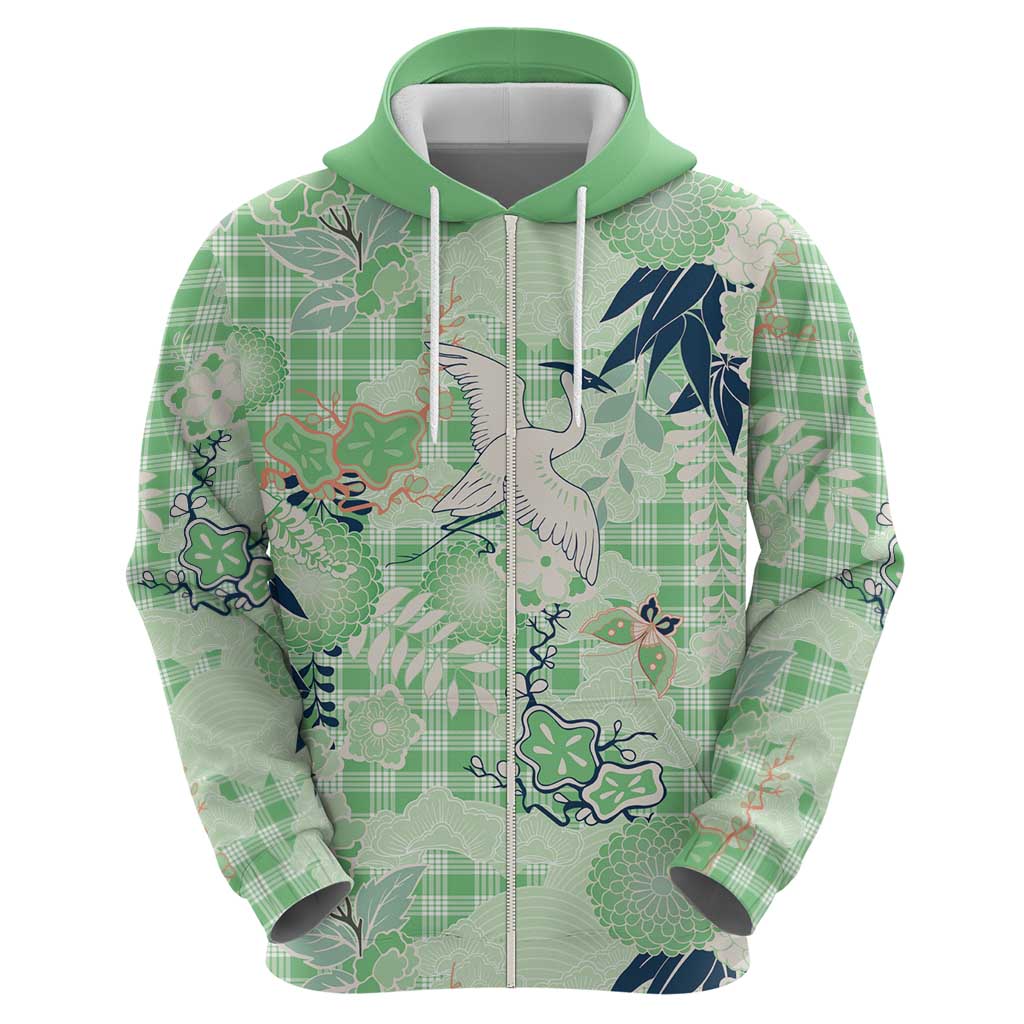 Green Palaka Crane and Flowers Hoodie Japan Heritage Spirit LT9 - Polynesian Pride