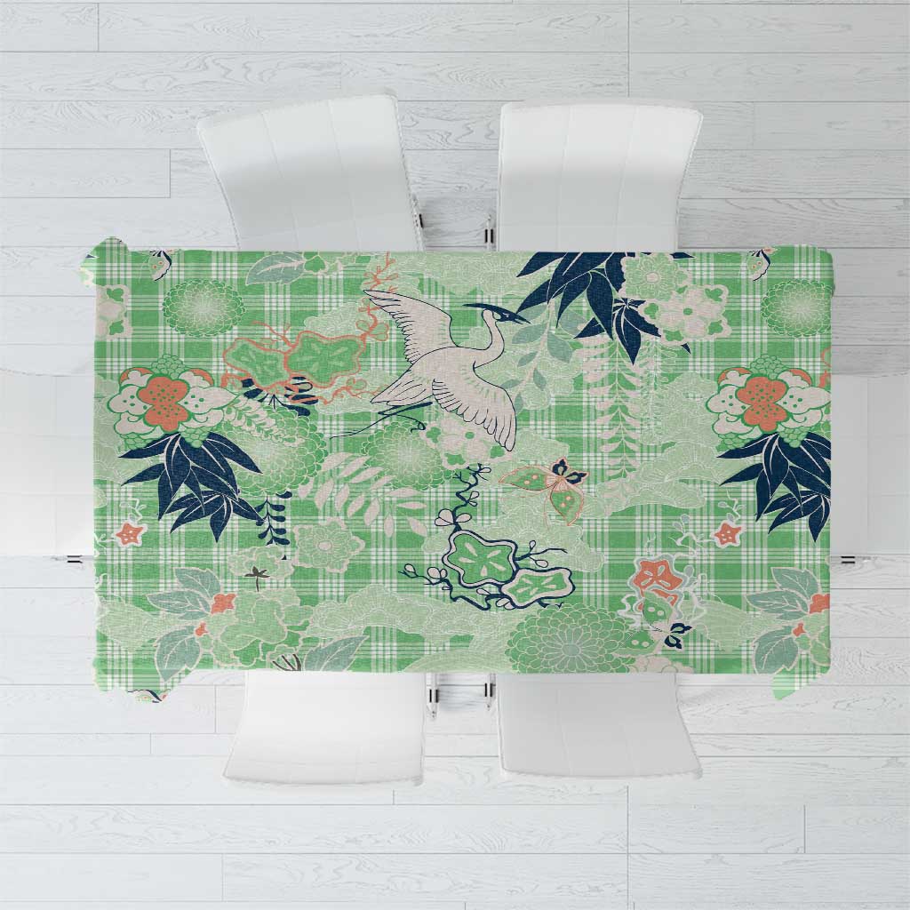 Green Palaka Crane and Flowers Tablecloth Japan Heritage Spirit LT9 Green - Polynesian Pride