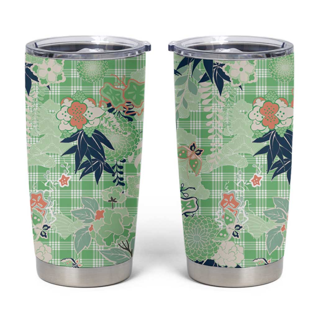 Green Palaka Crane and Flowers Tumbler Cup Japan Heritage Spirit LT9 Green - Polynesian Pride