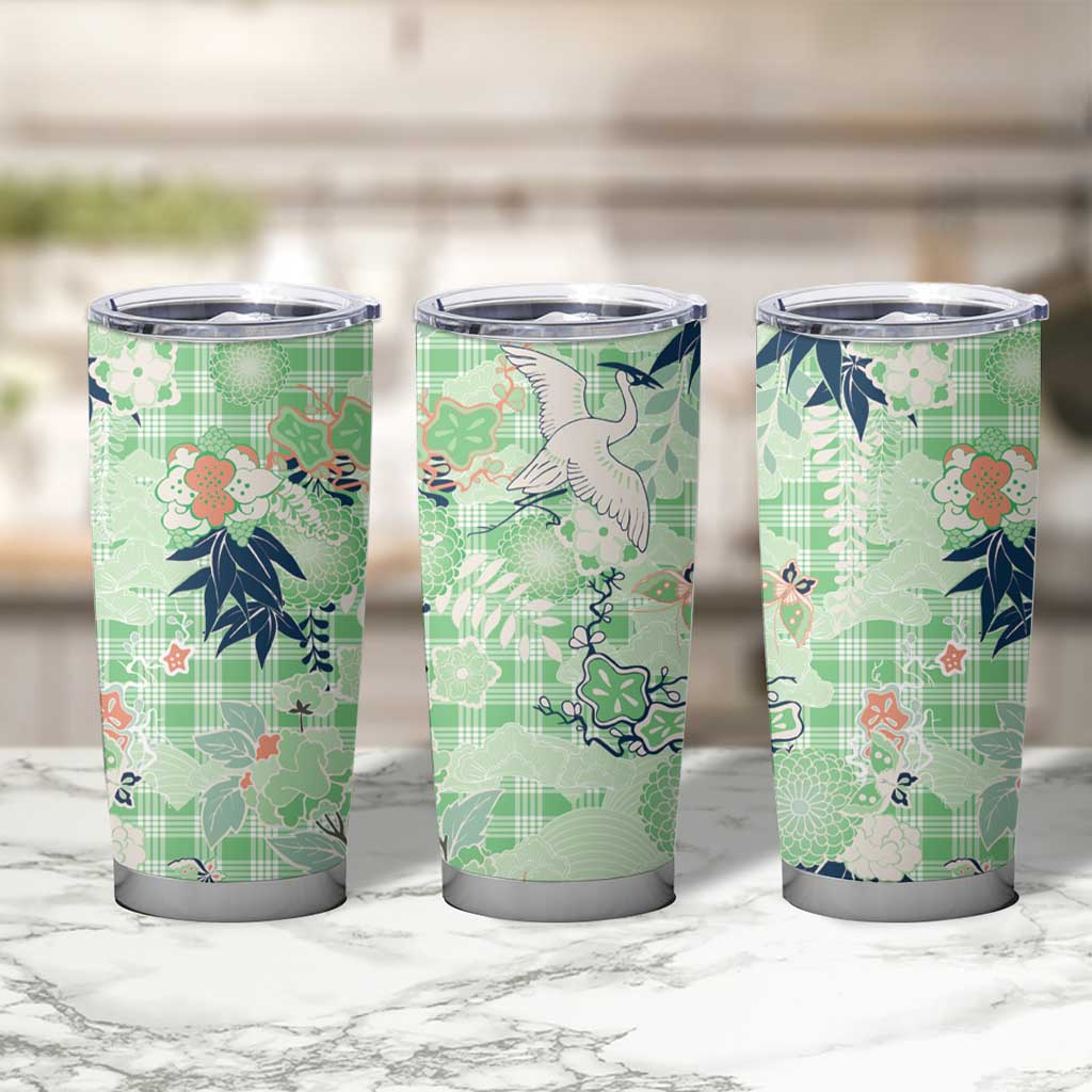 Green Palaka Crane and Flowers Tumbler Cup Japan Heritage Spirit LT9 - Polynesian Pride