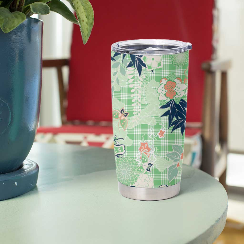 Green Palaka Crane and Flowers Tumbler Cup Japan Heritage Spirit LT9 - Polynesian Pride