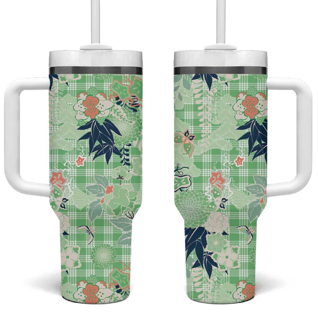 Green Palaka Crane and Flowers Tumbler With Handle Japan Heritage Spirit LT9 One Size: 40 oz Green - Polynesian Pride