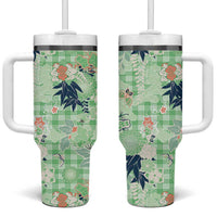 Green Palaka Crane and Flowers Tumbler With Handle Japan Heritage Spirit LT9 One Size: 40 oz Green - Polynesian Pride