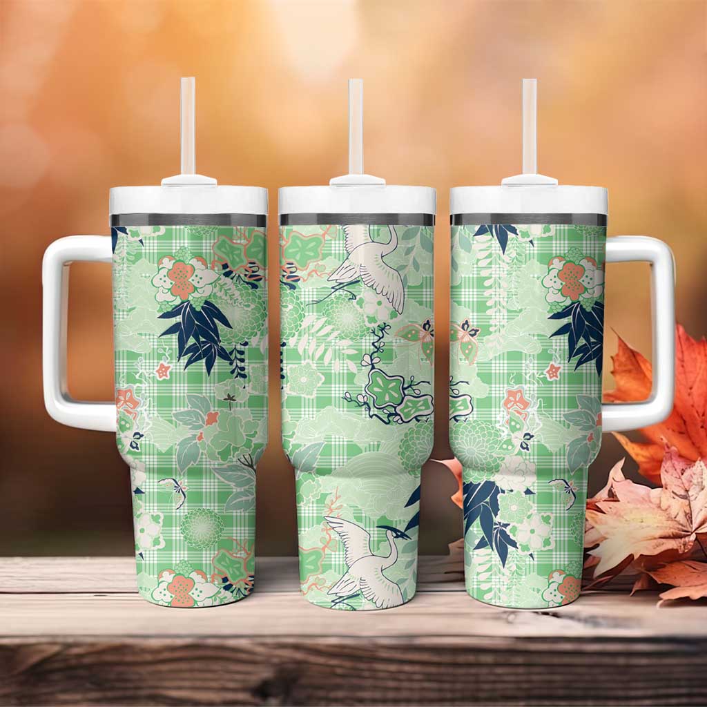 Green Palaka Crane and Flowers Tumbler With Handle Japan Heritage Spirit LT9 - Polynesian Pride