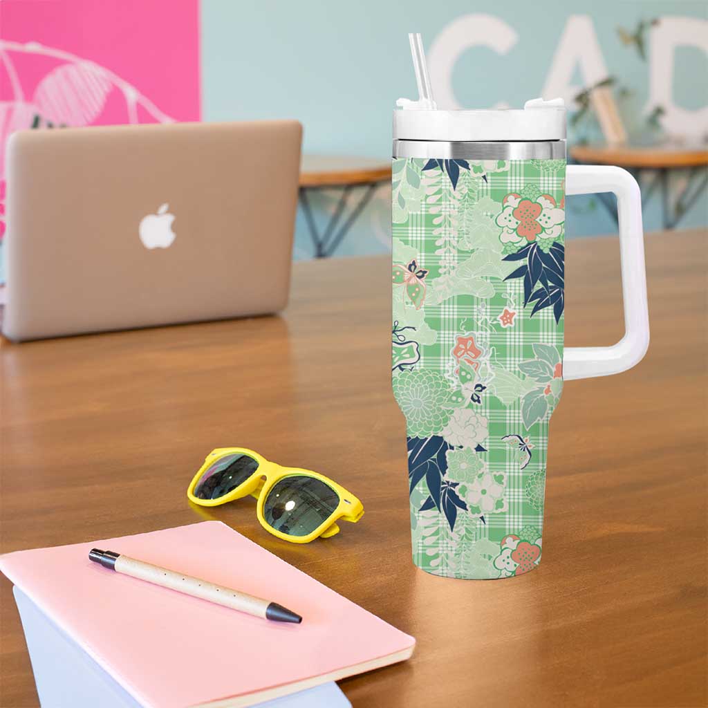 Green Palaka Crane and Flowers Tumbler With Handle Japan Heritage Spirit LT9 - Polynesian Pride