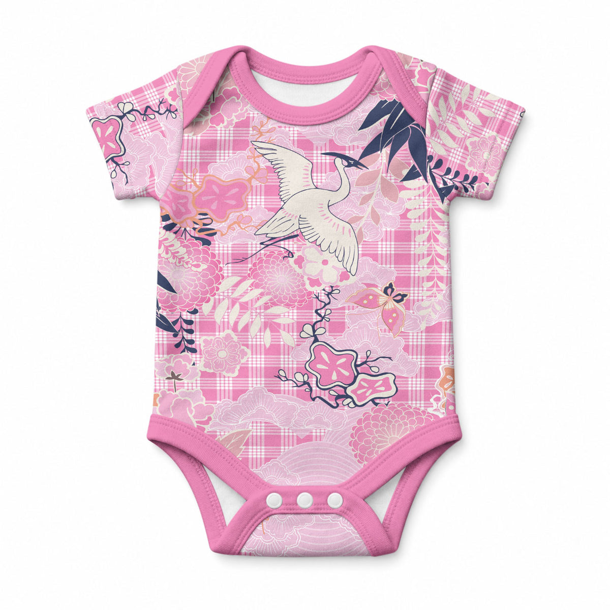 Pink Palaka Crane and Flowers Baby Onesie Japan Heritage Spirit LT9 Pink - Polynesian Pride
