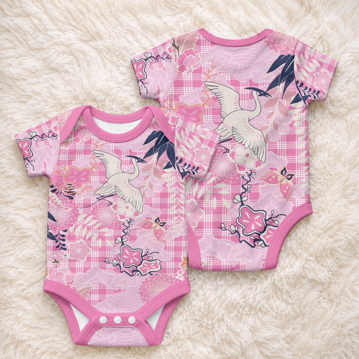Pink Palaka Crane and Flowers Baby Onesie Japan Heritage Spirit LT9 - Polynesian Pride