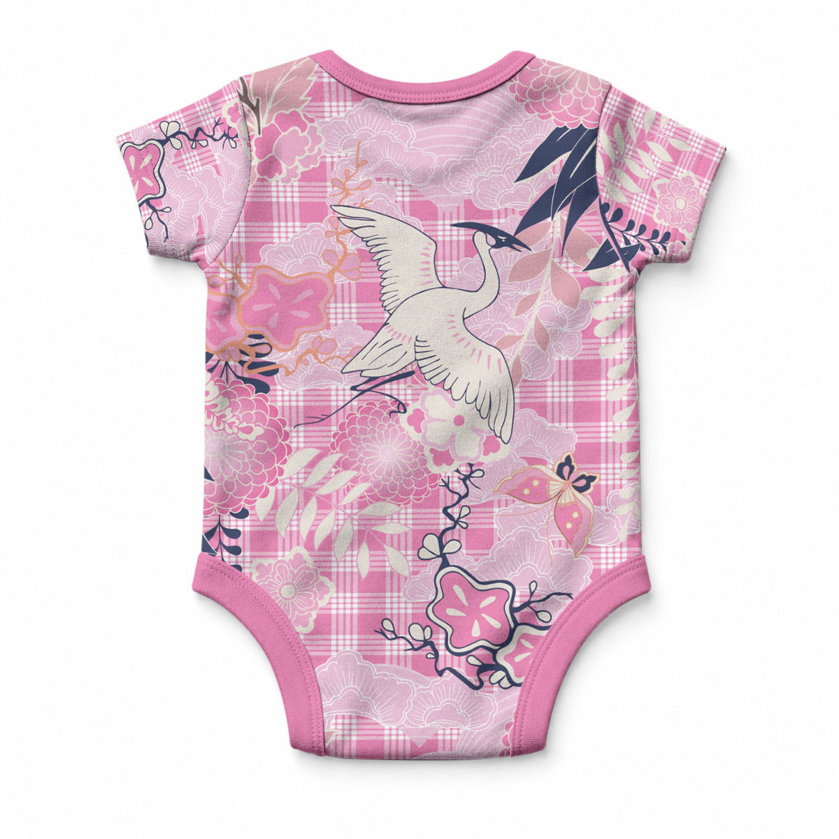 Pink Palaka Crane and Flowers Baby Onesie Japan Heritage Spirit LT9 - Polynesian Pride
