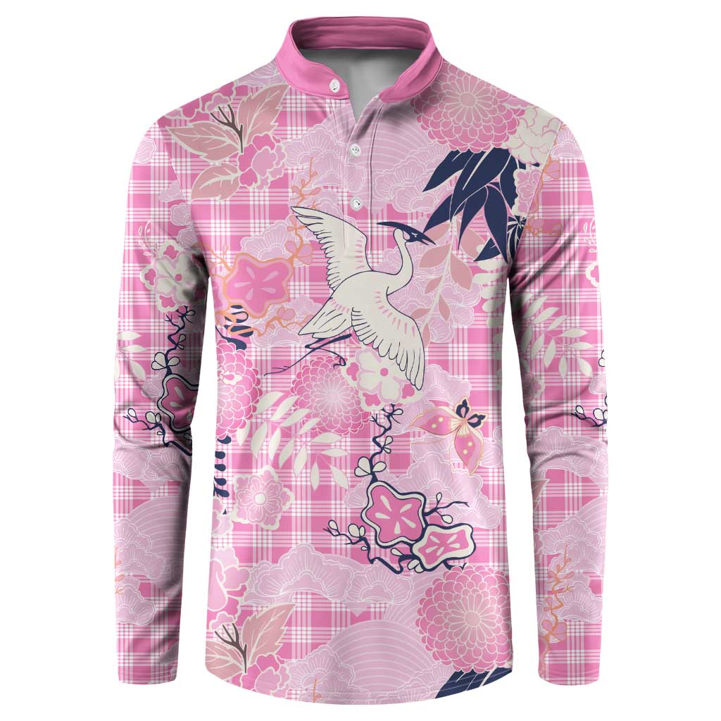 Pink Palaka Crane and Flowers Button Sweatshirt Japan Heritage Spirit LT9 Pink - Polynesian Pride