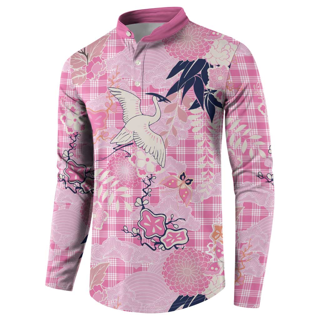 Pink Palaka Crane and Flowers Button Sweatshirt Japan Heritage Spirit LT9 - Polynesian Pride