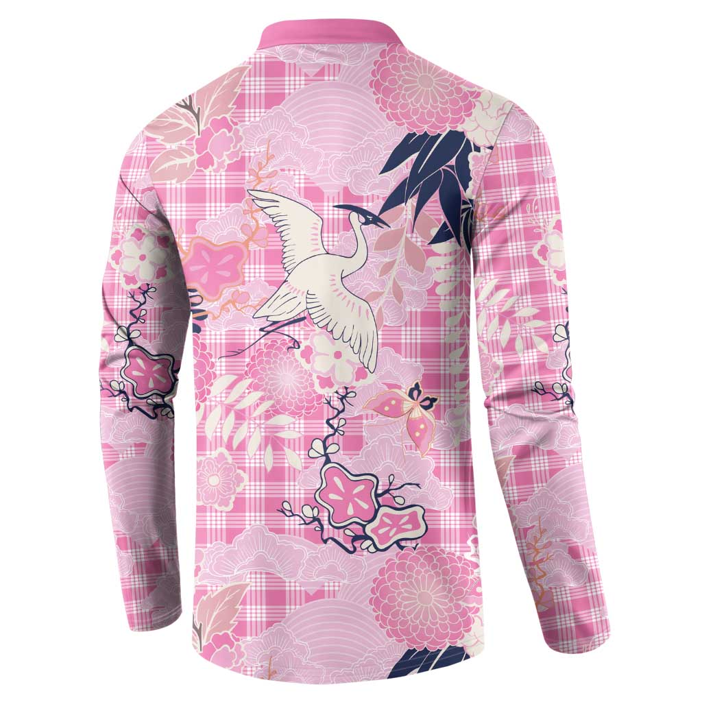 Pink Palaka Crane and Flowers Button Sweatshirt Japan Heritage Spirit LT9 - Polynesian Pride