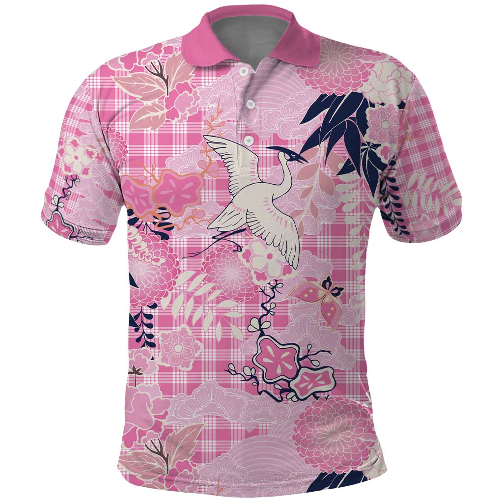 Pink Palaka Crane and Flowers Polo Shirt Japan Heritage Spirit LT9 Pink - Polynesian Pride
