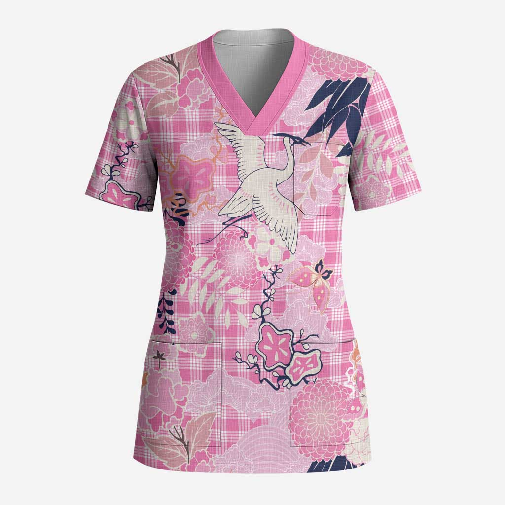 Pink Palaka Crane and Flowers Scrub Top Japan Heritage Spirit LT9 Adult Pink - Polynesian Pride