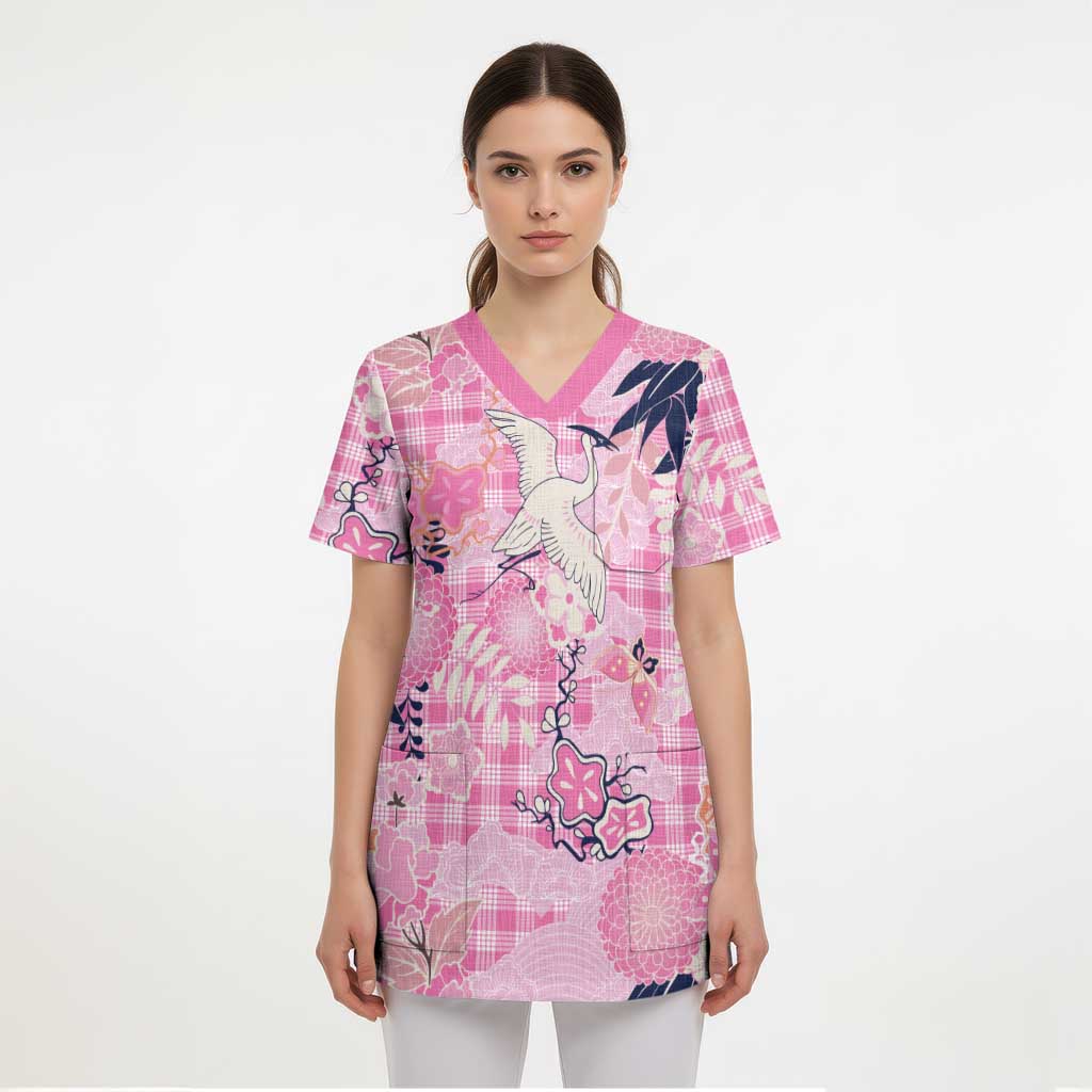 Pink Palaka Crane and Flowers Scrub Top Japan Heritage Spirit LT9 - Polynesian Pride