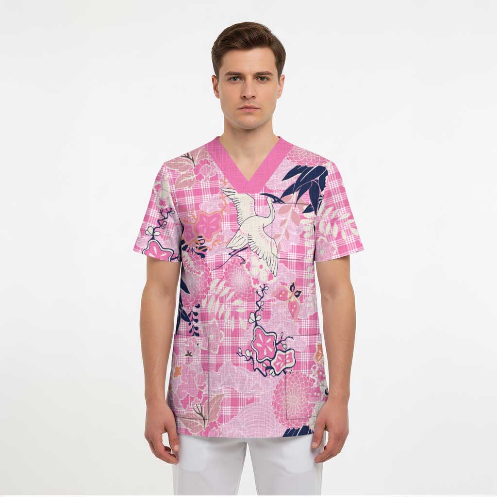 Pink Palaka Crane and Flowers Scrub Top Japan Heritage Spirit LT9 - Polynesian Pride