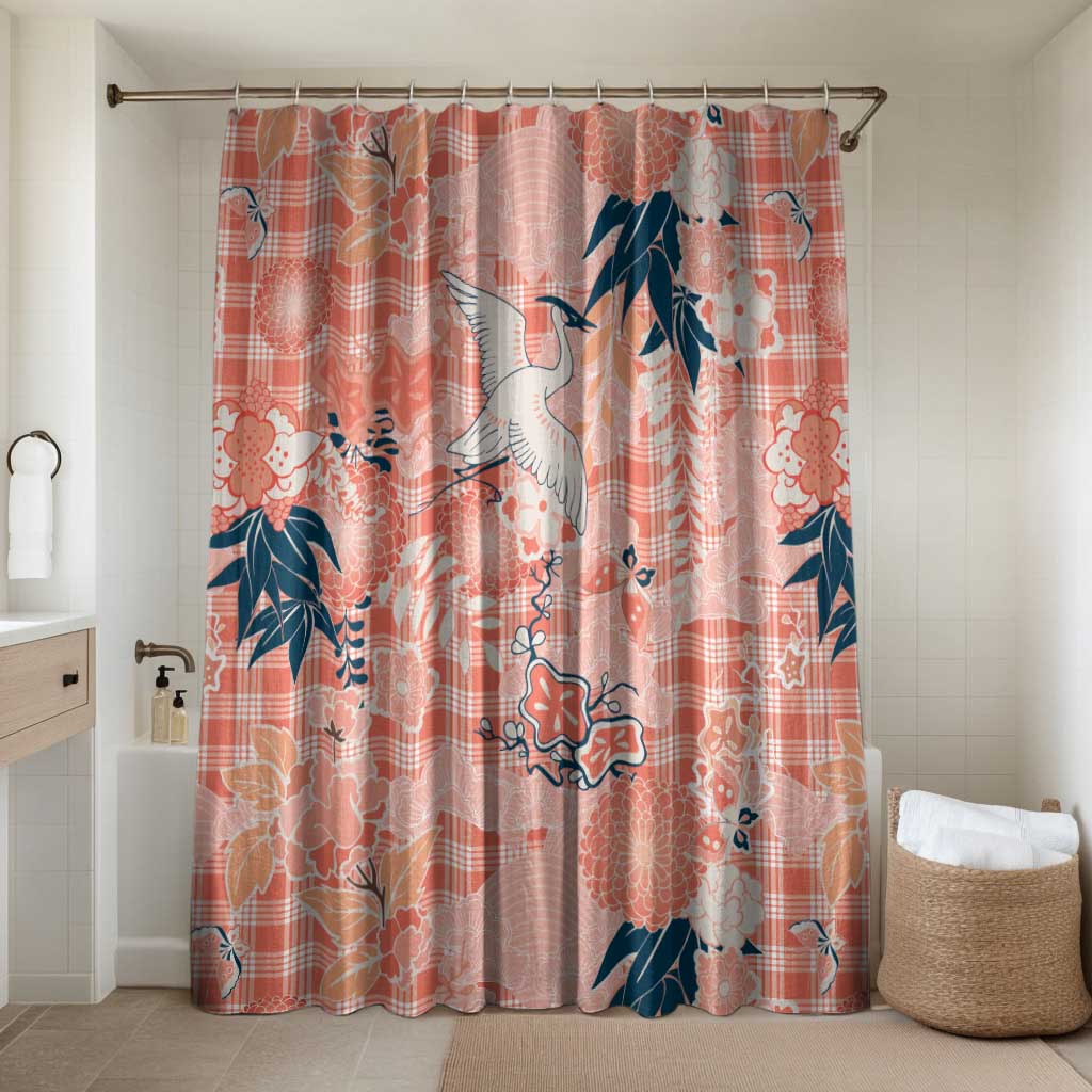 Red Palaka Crane and Flowers Bathroom Set Japan Heritage Spirit LT9 Shower Curtain Only Red - Polynesian Pride