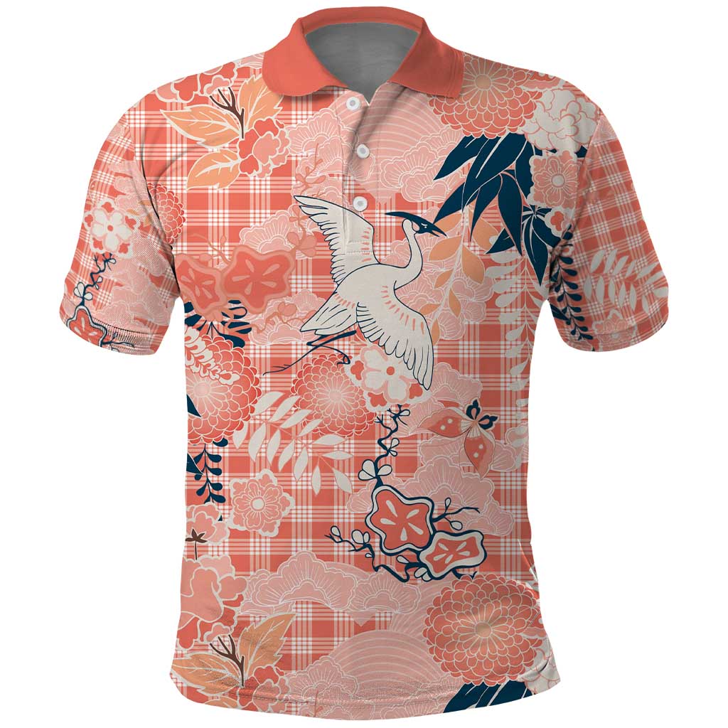 Red Palaka Crane and Flowers Polo Shirt Japan Heritage Spirit LT9 Red - Polynesian Pride