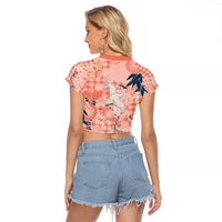 Red Palaka Crane and Flowers Raglan Cropped T Shirt Japan Heritage Spirit LT9 - Polynesian Pride