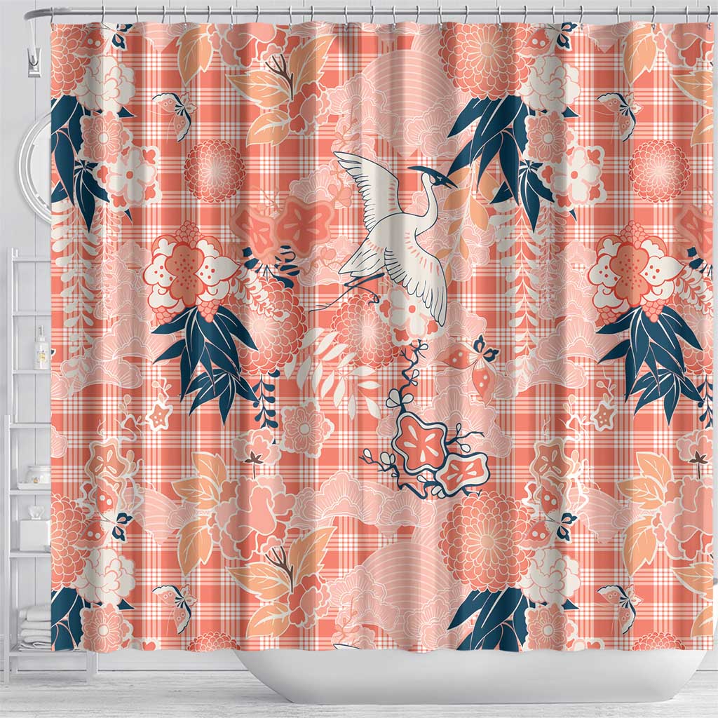 Red Palaka Crane and Flowers Shower Curtain Japan Heritage Spirit LT9 - Polynesian Pride