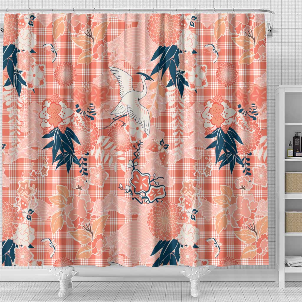 Red Palaka Crane and Flowers Shower Curtain Japan Heritage Spirit LT9 - Polynesian Pride