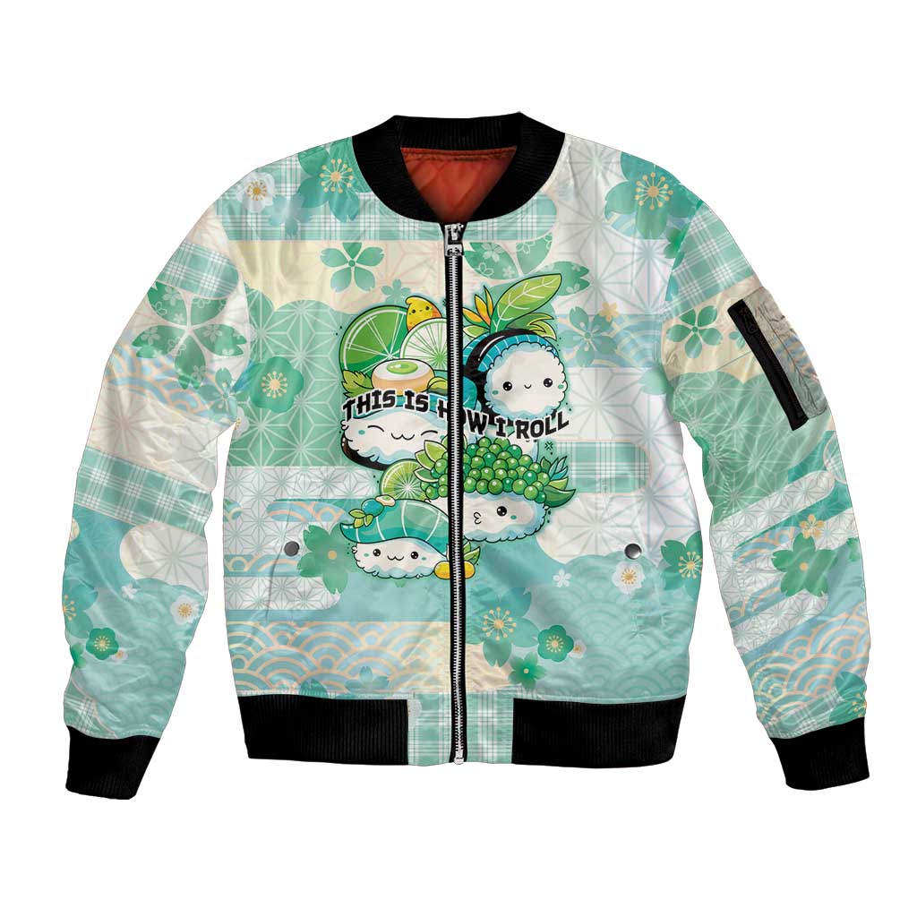 Personalized Japanese Kawaii Sushi Sleeve Zip Bomber Jacket Green Wagara Palaka This Is How I Roll LT9 Unisex Green - Polynesian Pride