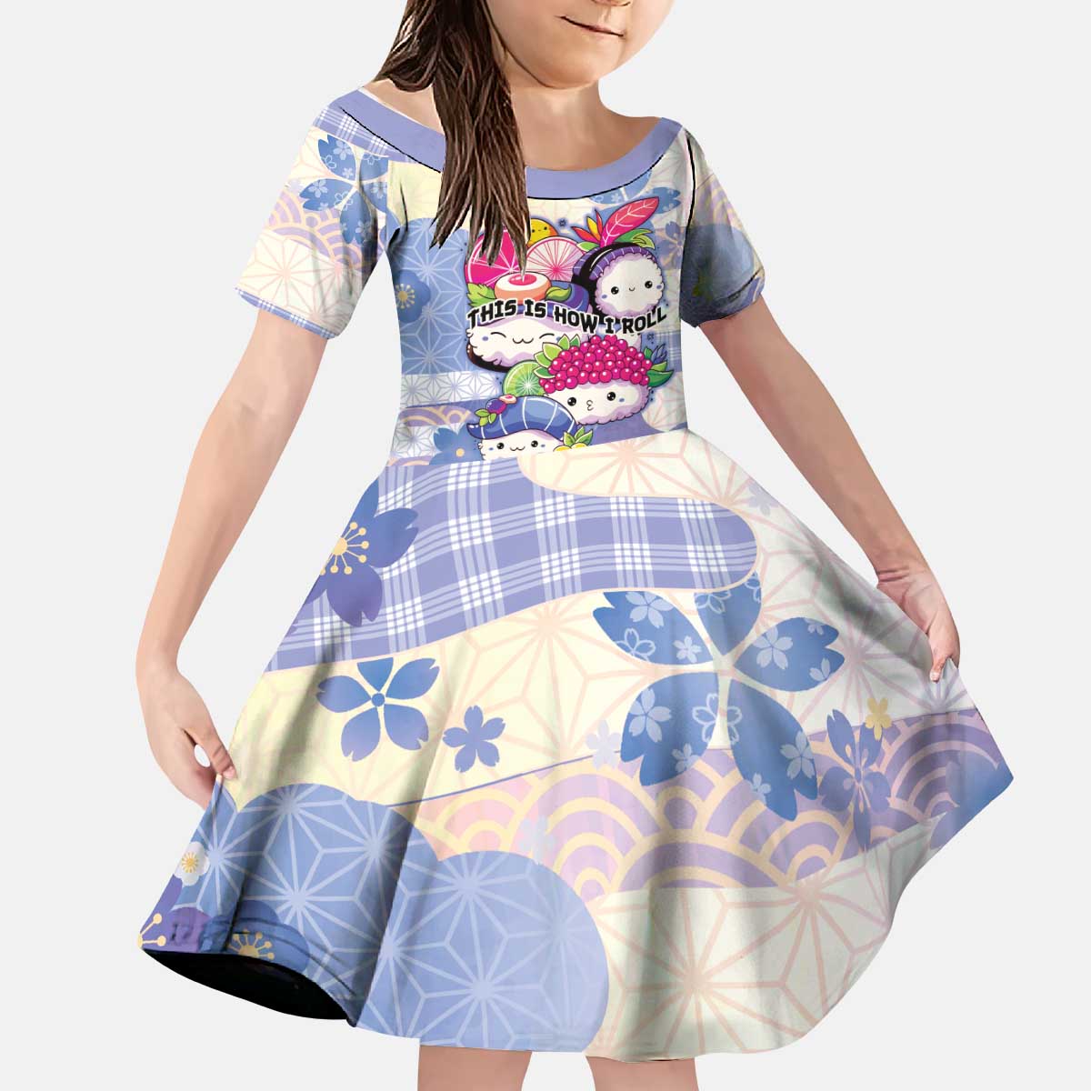 Personalized Japanese Kawaii Sushi Kid Short Sleeve Dress Blue Wagara Palaka This Is How I Roll LT9 KID Blue - Polynesian Pride