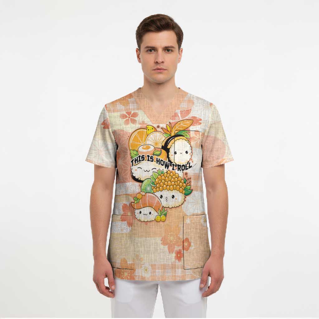 Personalized Japanese Kawaii Sushi Scrub Top Peach Wagara Palaka This Is How I Roll LT9 - Polynesian Pride