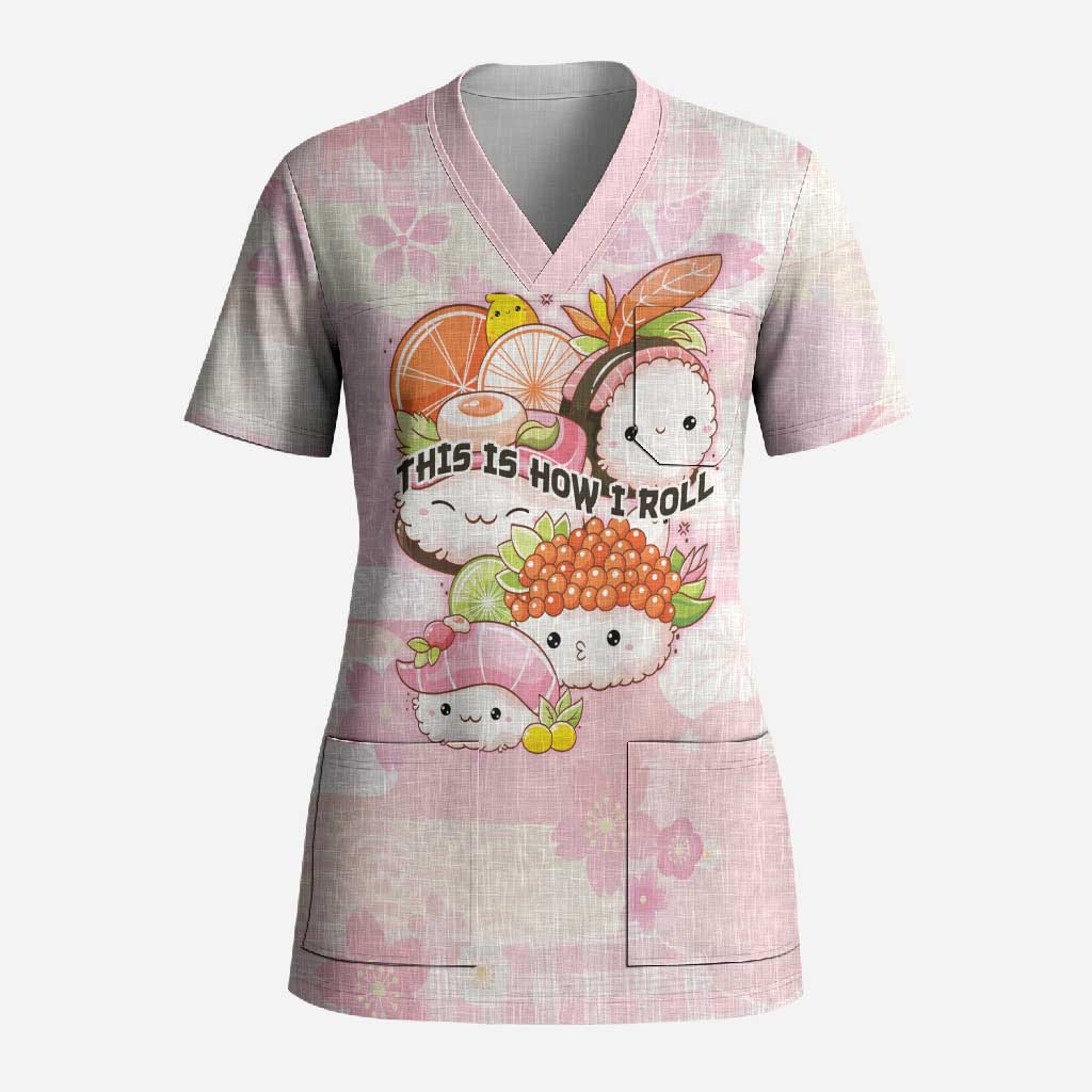 Personalized Japanese Kawaii Sushi Scrub Top Pink Wagara Palaka This Is How I Roll LT9 Adult Pink - Polynesian Pride
