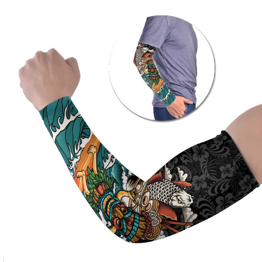 Personalized Japanese Koi Fish Ramen Arm Sleeves Tiki Surfing Wagara Hibiscus Pattern LT9 Set of 2 Black - Polynesian Pride