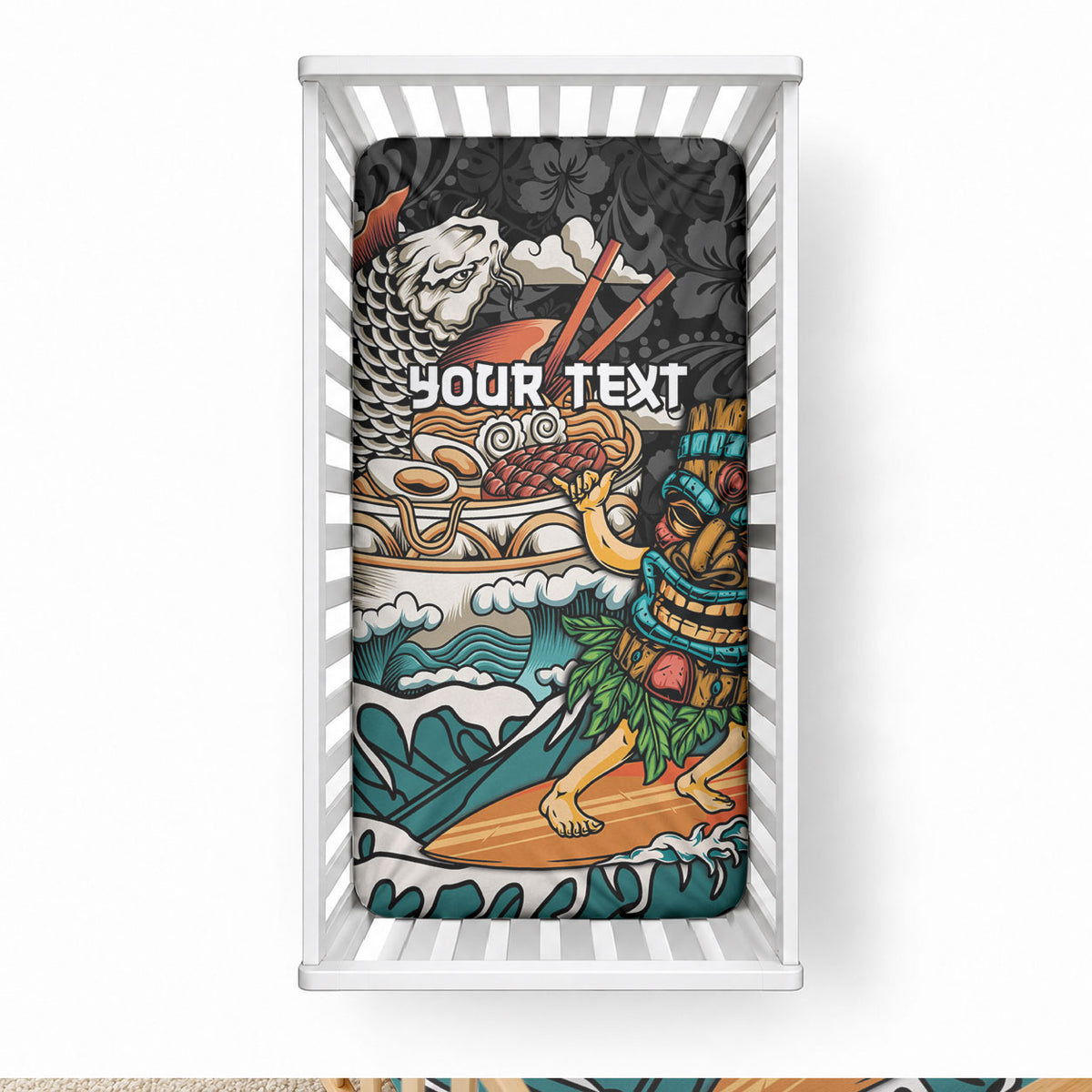 Japanese Koi Fish Ramen Baby Bed Cover Tiki Surfing Wagara Hibiscus Pattern LT9 28 × 52 in Black - Polynesian Pride