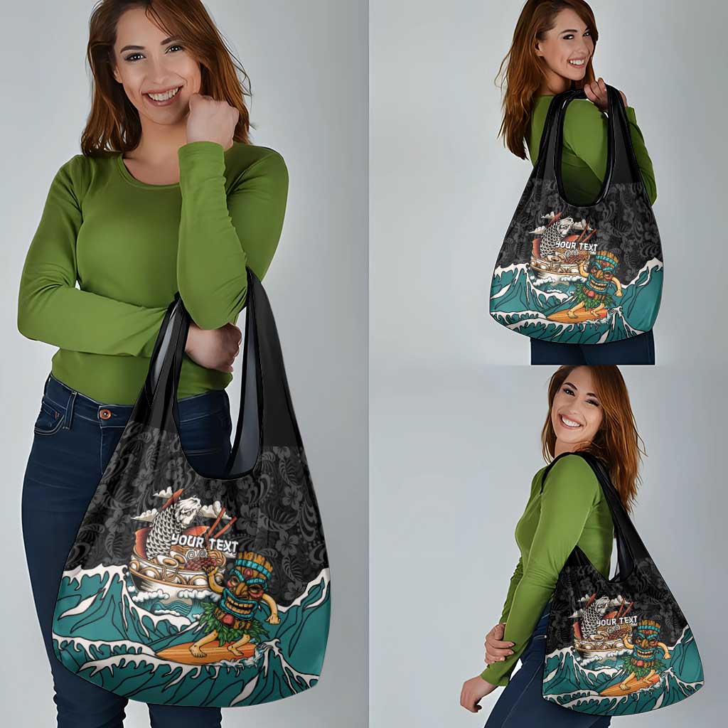 Personalized Japanese Koi Fish Ramen Grocery Bag Tiki Surfing Wagara Hibiscus Pattern LT9 - Polynesian Pride