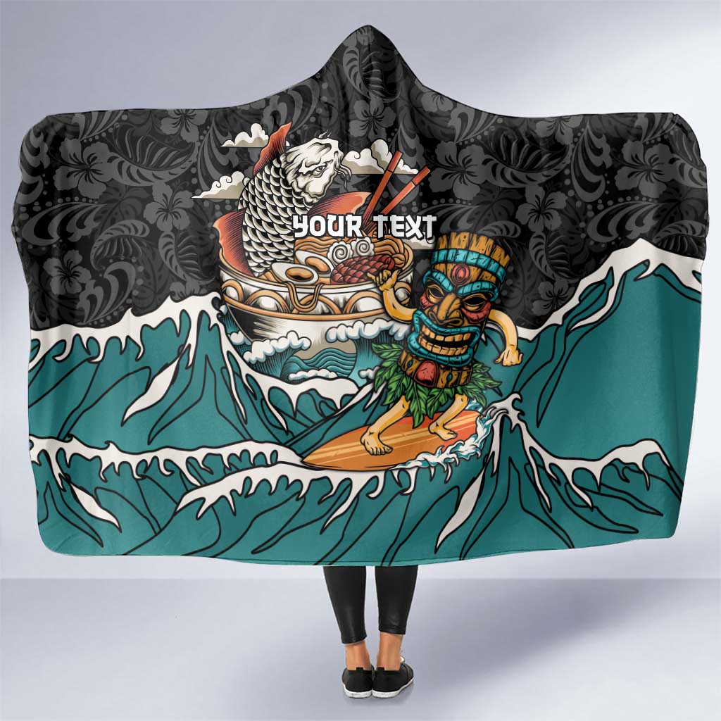 Personalized Japanese Koi Fish Ramen Hooded Blanket Tiki Surfing Wagara Hibiscus Pattern LT9 One Size Black - Polynesian Pride