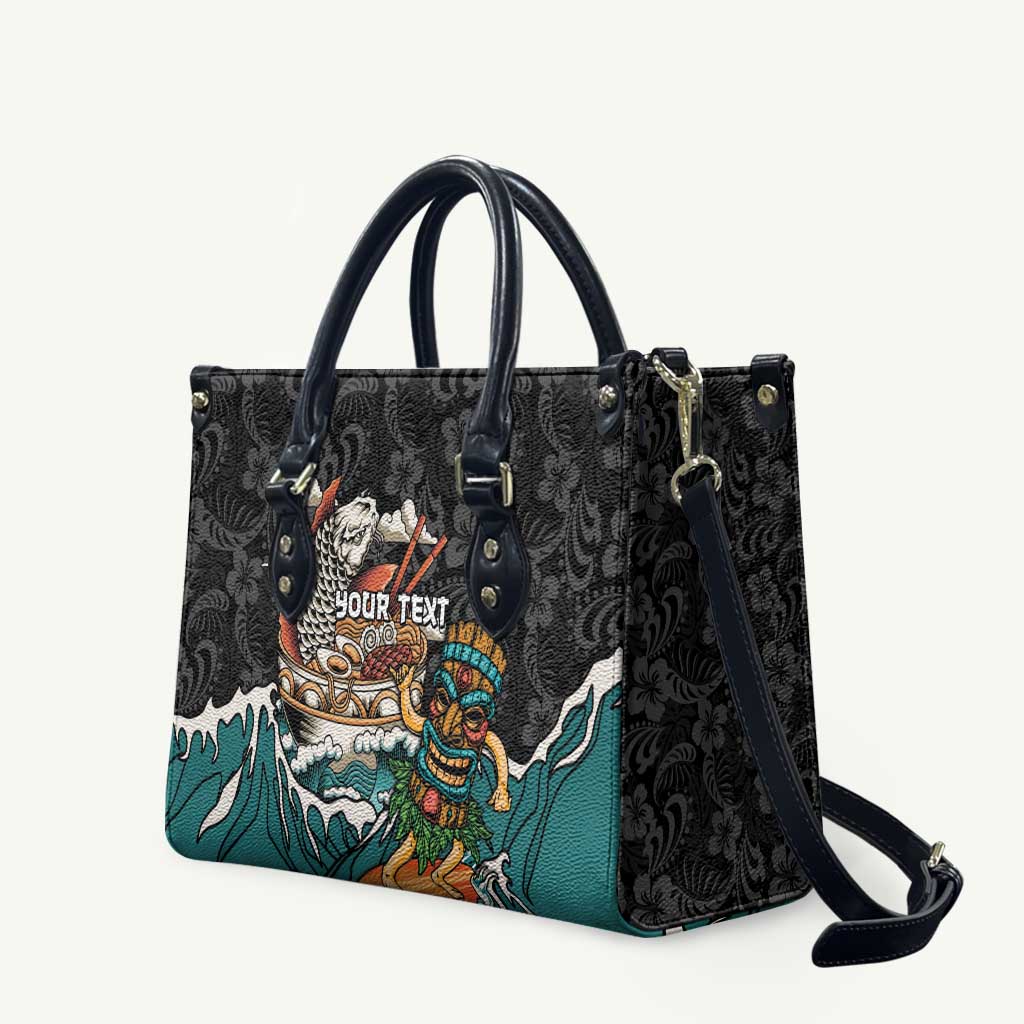 Personalized Japanese Koi Fish Ramen Leather Bag Tiki Surfing Wagara Hibiscus Pattern LT9 Black - Polynesian Pride
