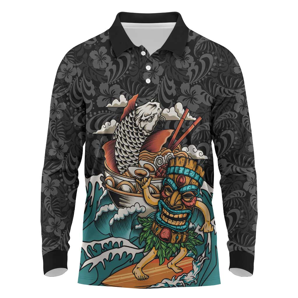 Personalized Japanese Koi Fish Ramen Long Sleeve Polo Shirt Tiki Surfing Wagara Hibiscus Pattern LT9 Black - Polynesian Pride