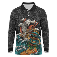 Personalized Japanese Koi Fish Ramen Long Sleeve Polo Shirt Tiki Surfing Wagara Hibiscus Pattern LT9 Black - Polynesian Pride