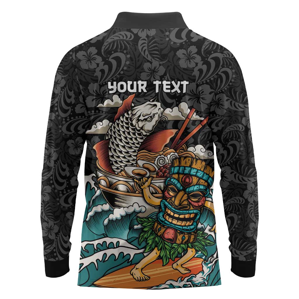 Personalized Japanese Koi Fish Ramen Long Sleeve Polo Shirt Tiki Surfing Wagara Hibiscus Pattern LT9 - Polynesian Pride