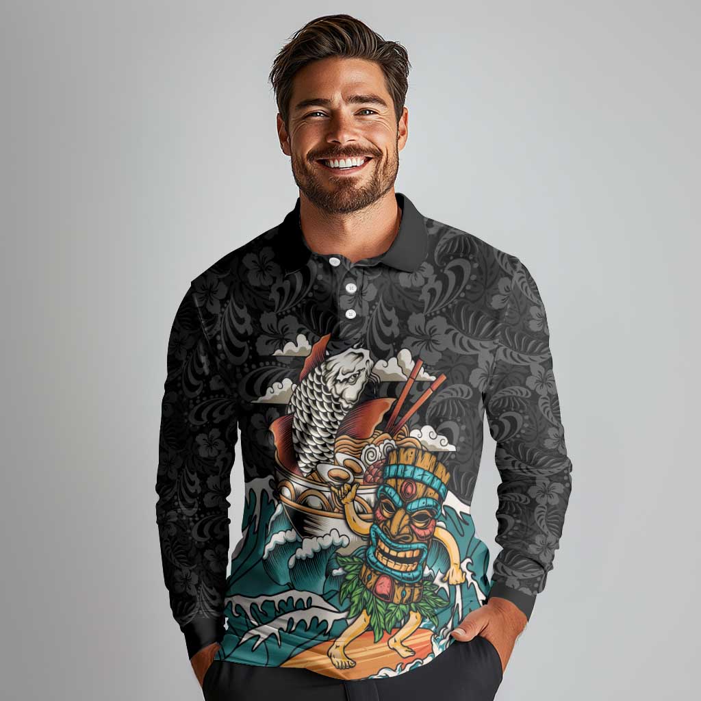 Personalized Japanese Koi Fish Ramen Long Sleeve Polo Shirt Tiki Surfing Wagara Hibiscus Pattern LT9 - Polynesian Pride